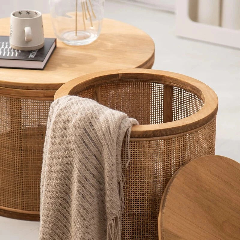 Rattan Woven Living Room Center Table Clamshell Storage Coffee Table Hollow Out Bedside Table Versatile Practical Home Furniture