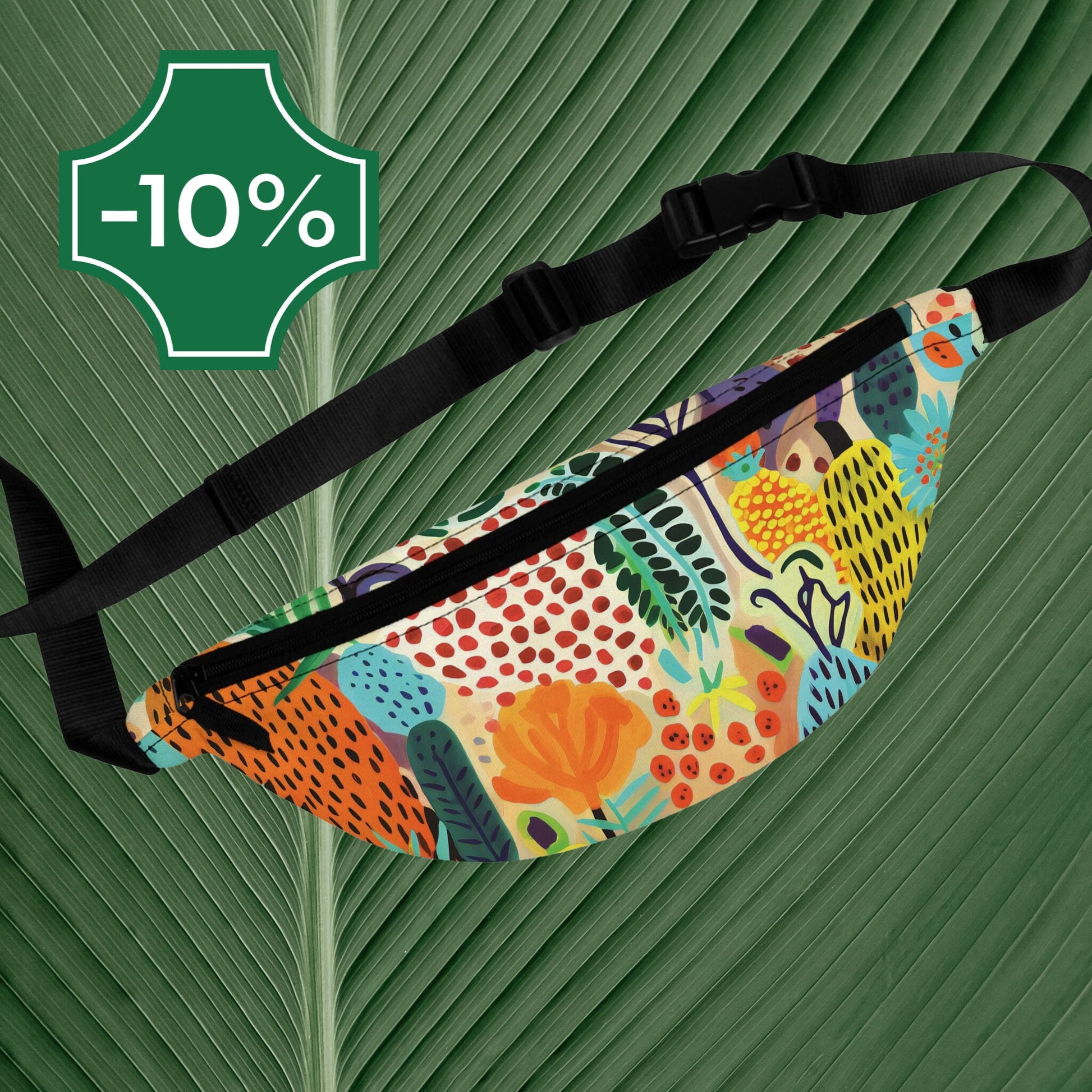a colorful fanny bag on a green background