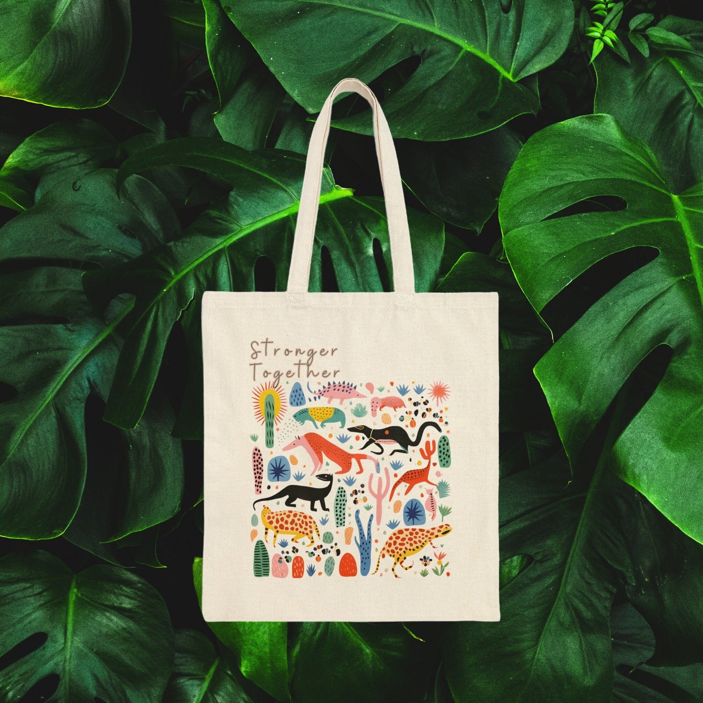 a tote bag with a picture of animals on it