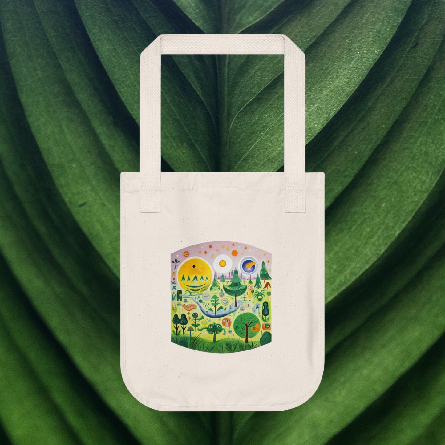 a white bag with a picture of a forest on it