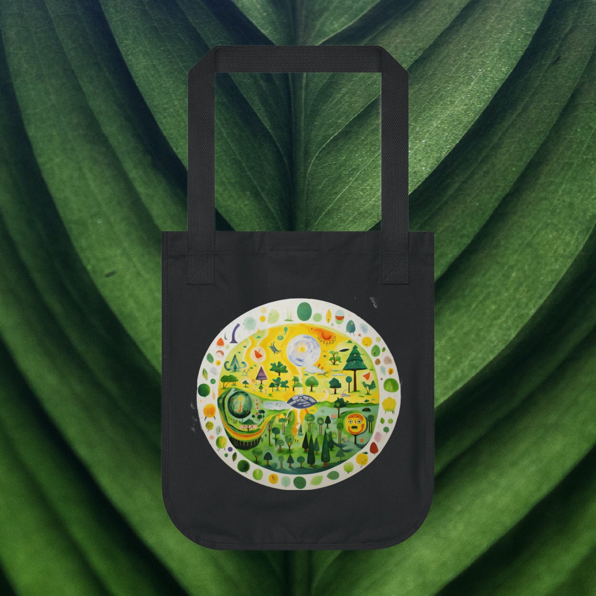 a black bag with a picture of a forest on it